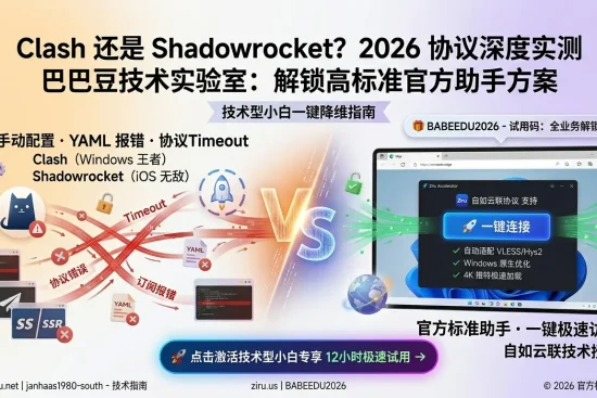 巴巴豆深度协议实验室特色图：2026 Clash 与 Shadowrocket 复杂配置对比。右侧展示自如加速器自动化一键极速连接