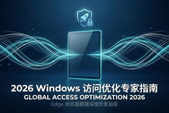 2026 Windows 访问优化专家指南特色图：画面展示一台具有深邃质感的 Windows 设备，通过智能光纤网络连接全球，象征安全高效的访问环境。图片配有“Edge 浏览器报错深度修复指南”字样，旨在为巴巴豆实验室用户提供解决 Edge 访问受限、DNS 污染及 Loopback 限制的专业技术方案。