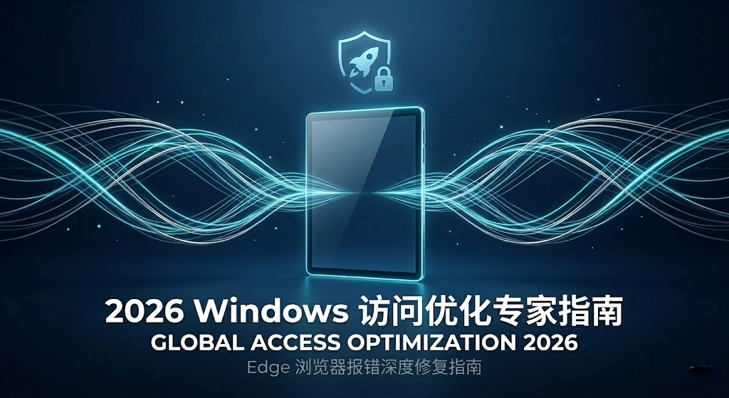 2026 Windows 访问优化专家指南特色图:画面展示一台具有深邃质感的 Windows 设备,通过智能光纤网络连接全球,象征安全高效的访问环境。图片配有“Edge 浏览器报错深度修复指南”字样,旨在为巴巴豆实验室用户提供解决 Edge 访问受限、DNS 污染及 Loopback 限制的专业技术方案。