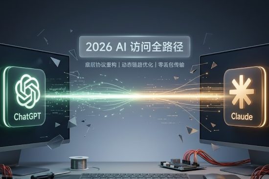 2026 AI 访问全路径特色图：极简科技风格。左侧屏幕展示 ChatGPT 官方标志，右侧屏幕展示 Claude 星形标志。中间由一道发光的蓝色数据流连接，上方悬浮醒目文字“2026 AI 访问全路径”，背景包含底层协议重构与动态链路优化元素。