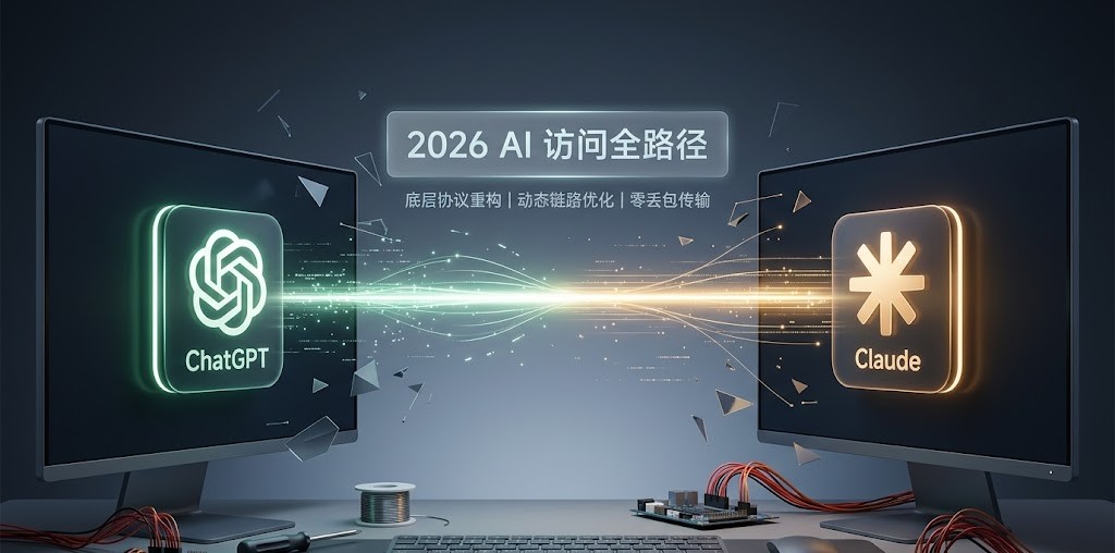 2026 AI 访问全路径特色图：极简科技风格。左侧屏幕展示 ChatGPT 官方标志，右侧屏幕展示 Claude 星形标志。中间由一道发光的蓝色数据流连接，上方悬浮醒目文字“2026 AI 访问全路径”，背景包含底层协议重构与动态链路优化元素。