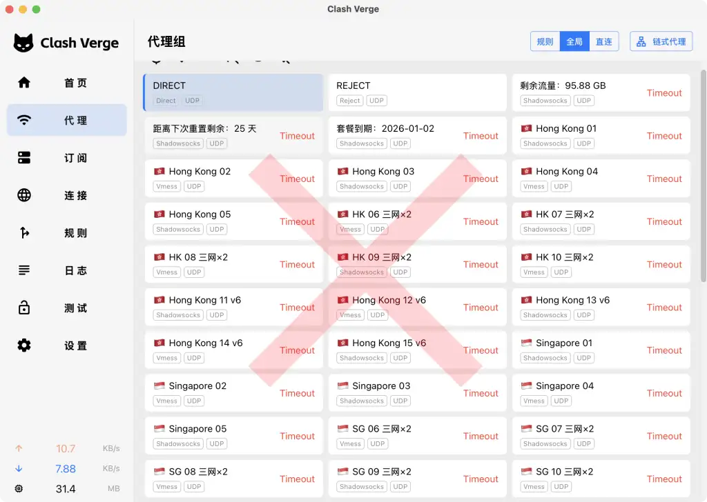 免费梯子节点列表大面积显示 Timeout，说明免费梯子加速器容易出现节点超时、延迟高和连接不稳定问题。