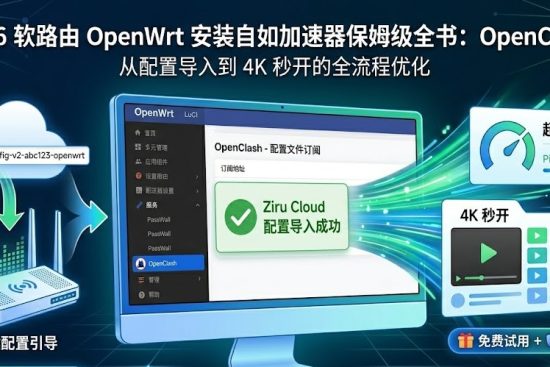 2026 软路由 OpenClash 安装自如加速器成功界面，展示 35ms 低延迟与 4K 秒开效果。
