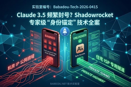 2026 实验室方案：Claude 3.5 专家级防封号技术全案特色图。画面展示 stylized 的机房 IP 公网拥堵（红路径、红X、报错）与专用隧道（绿路径、绿√、解锁）对比示意图，指引用户如何通过 Shadowrocket 的专用私有传输通道和住宅 ISP 原生 IP 配置彻底规避封号和 1020 报错。