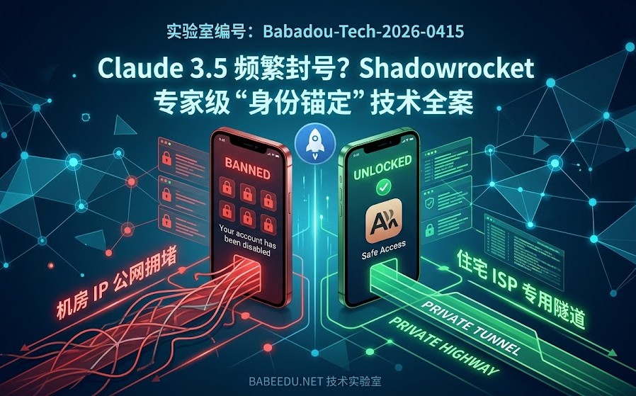 2026 实验室方案:Claude 3.5 专家级防封号技术全案特色图。画面展示 stylized 的机房 IP 公网拥堵(红路径、红X、报错)与专用隧道(绿路径、绿√、解锁)对比示意图,指引用户如何通过 Shadowrocket 的专用私有传输通道和住宅 ISP 原生 IP 配置彻底规避封号和 1020 报错。