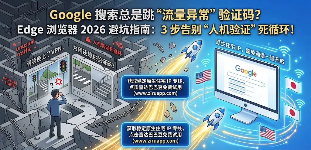 Edge 浏览器访问 Google 搜索提示“流量异常”并陷入“人机身份验证”死循环的解决方法特色图。图中对比展示通过自如加速器连接美国原生住宅 IP 线路,配合保姆级教程手把手教你解除内容限制以解锁隐私设置。