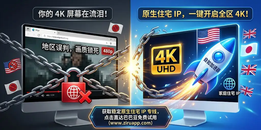 Edge 浏览器访问 Netflix 搜不到热剧且画质模糊锁死在 480P 的解决方法特色图。图中对比展示通过自如云联客户端连接美国原生住宅 IP 线路,配合保姆级教程手把手教你解除地区限制以解锁全区 4K 片源。