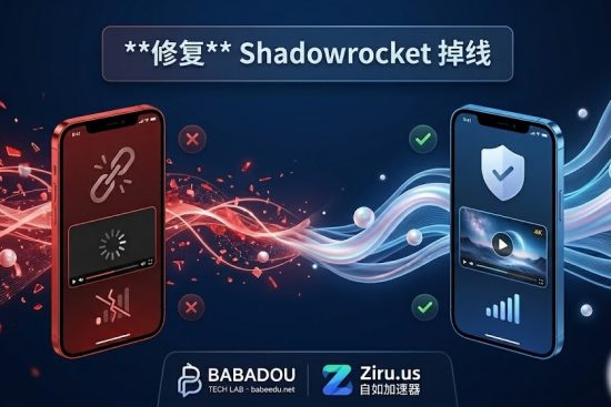 修复 Shadowrocket 掉线对比图：左侧红色代表连接中断，右侧蓝色代表通过自如加速器 Ziru.us 优化后的稳定连接。
