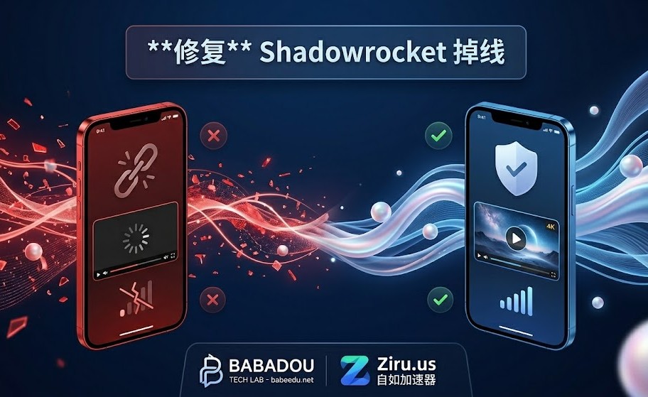 修复 Shadowrocket 掉线对比图：左侧红色代表连接中断，右侧蓝色代表通过自如加速器 Ziru.us 优化后的稳定连接。