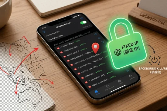 小火箭固定 IP 教学特色图：手机屏幕显示节点列表，上方覆盖绿色发光锁头图标，写有“FIXED IP (固定 IP)”，背景包含“杀后台”操作提示。