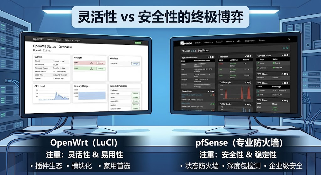 这是一张在服务器机房环境中比较软路由系统的技术图表，主标题为“灵活性 vs 安全性的终极博弈”。