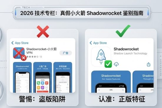 巴巴豆实验室 2026 技术专栏特色图：App Store 真假 Shadowrocket 鉴别指南，左侧为国区盗版陷阱，右侧为美区正版特征。