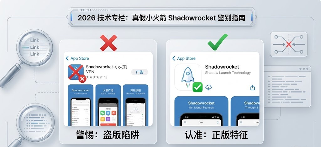 巴巴豆实验室 2026 技术专栏特色图：App Store 真假 Shadowrocket 鉴别指南，左侧为国区盗版陷阱，右侧为美区正版特征。