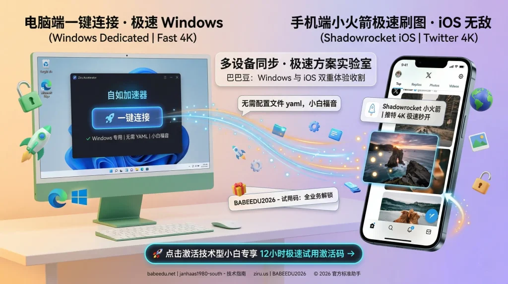 视觉特写图：展示 Shadowrocket 小火箭手机端推特 4K 极速秒开，与 Windows 电脑端自如加速器“一键连接”多设备同步。