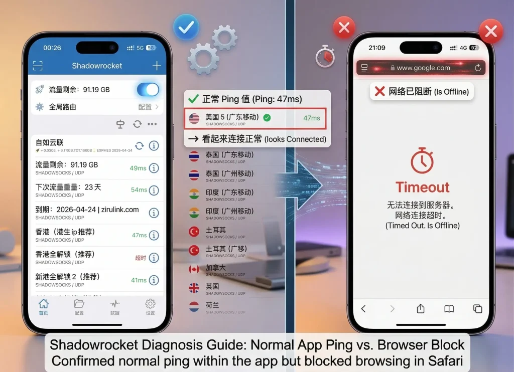 Shadowrocket 连上没网对比诊断图