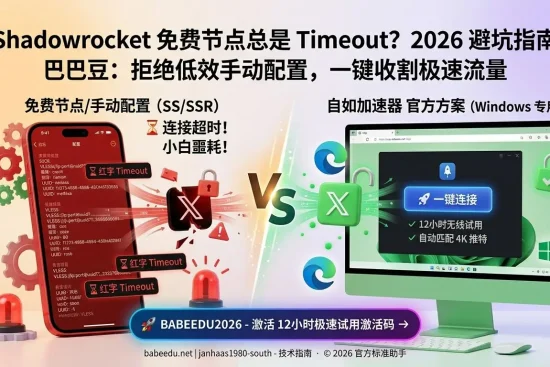小火箭免费节点超时（Timeout）与自如加速器 Windows 一键连接方案视觉对比