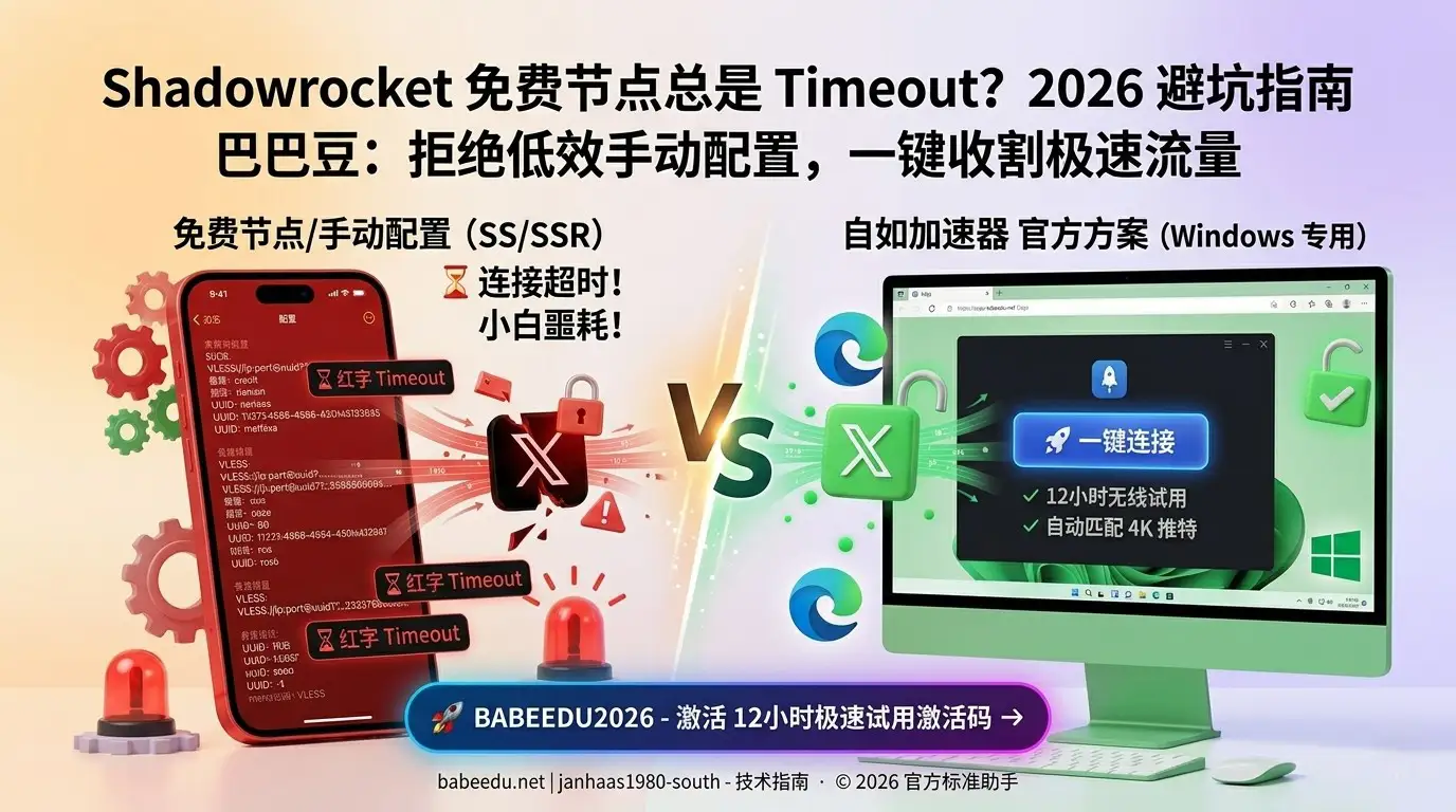 小火箭免费节点超时(Timeout)与自如加速器 Windows 一键连接方案视觉对比