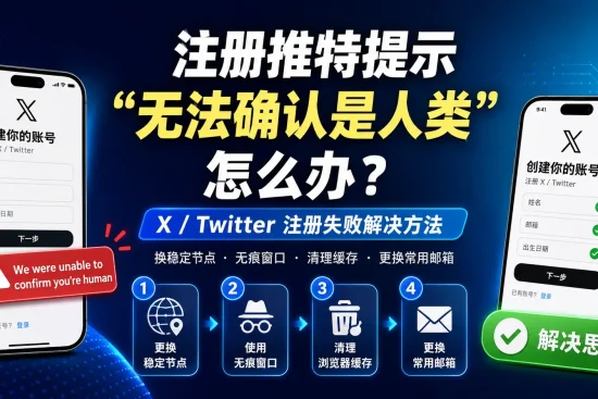 册推特提示“无法确认是人类”的解决方法示意图，展示 X/Twitter 注册失败报错，以及更换稳定节点、使用无痕窗口、清理浏览器缓存、更换常用邮箱等排查步骤