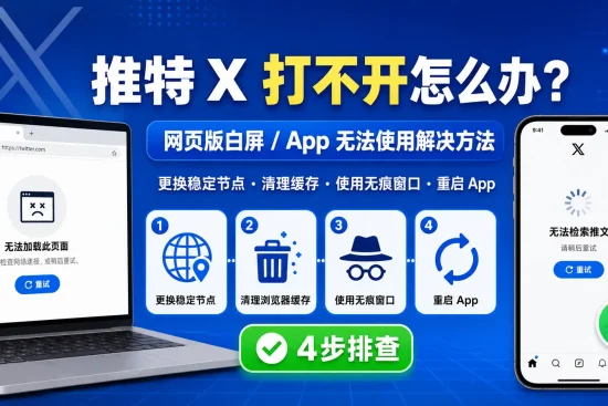 推特 X 打不开怎么办的解决方法示意图，展示 X/Twitter 网页版白屏、App 无法检索推文、图片视频加载失败，以及更换稳定节点、清理缓存、使用无痕窗口和重启 App 等排查步骤