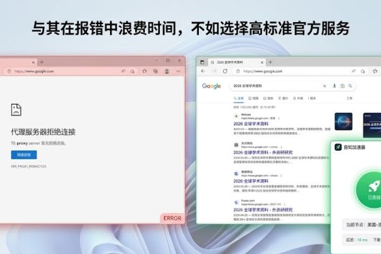 一张干净的 Windows 11 桌面截图。左侧浏览器窗口显示红色调的“代理服务器拒绝连接”报错提示，右侧窗口展示成功加载的 2026 全球学术资料搜索页面。画面右下角显示“自如加速器”客户端处于“已连接”状态，延迟极低。顶部配有醒目中文文字：“与其在报错中浪费时间，不如选择高标准官方服务”。