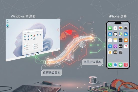 极简科技插图。Windows 11 桌面与 iPhone 屏幕通过发光桥梁连接。中间标注文字“底层协议重构”。