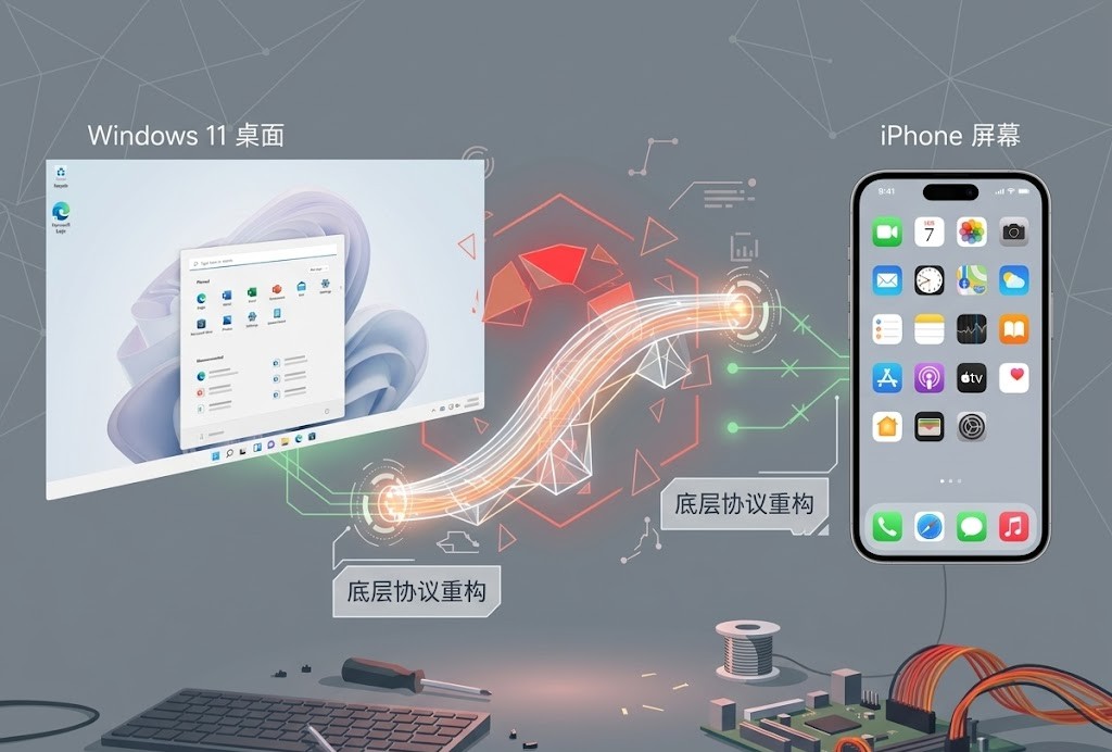 极简科技插图。Windows 11 桌面与 iPhone 屏幕通过发光桥梁连接。中间标注文字“底层协议重构”。