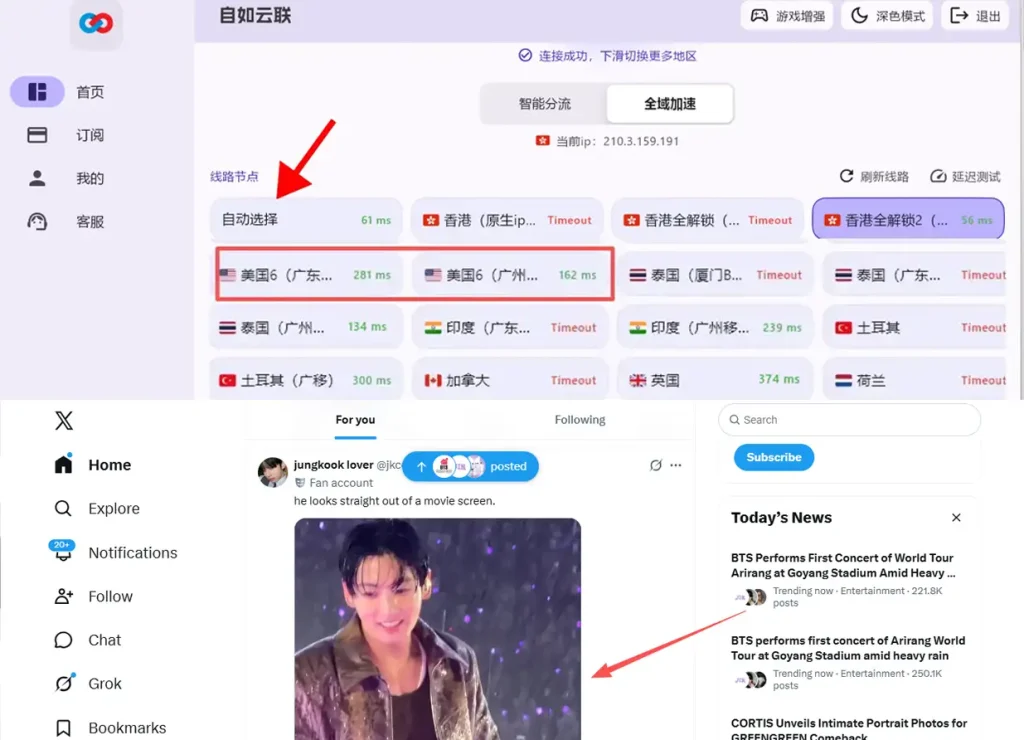 这张合成截图分为上下两部分,直观展示了推特访问故障的解决方案。上半部分为“自如云联”Windows 客户端界面,显示“连接成功”并开启“全域加速”模式,红色箭头指向“自动选择”显示的 61ms 极低延迟,红框圈出了美国专线节点。下半部分为 Edge 浏览器中的推特(X)界面,高清视频图片已成功加载并秒开,红色箭头指向复活后的媒体区域。该对比图有力证明了自如云联物理专线在解决推特图片加载失败及 2026 物理拔线潮干扰方面的卓越性能。