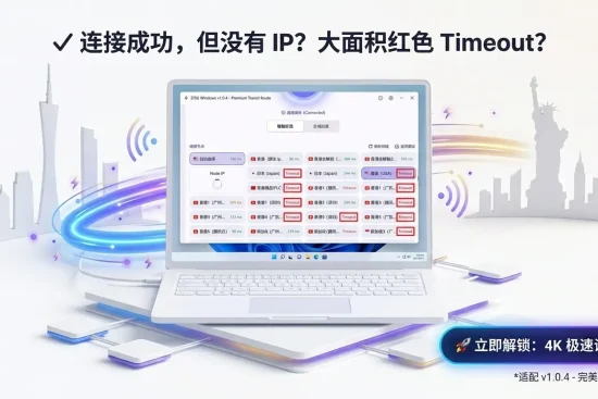 自如加速器 Windows v1.0.4 界面：连接成功但无 IP，多节点红色 Timeout 状态