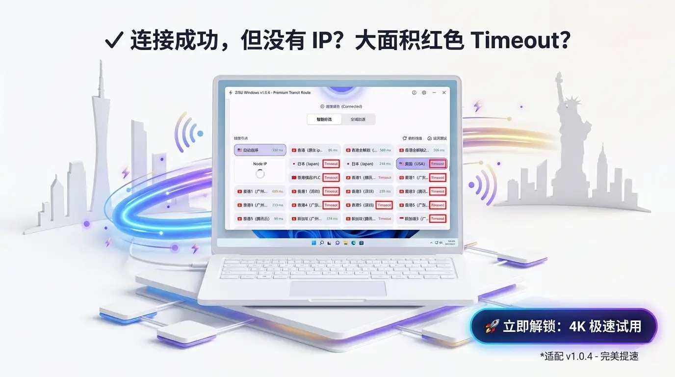 自如加速器 Windows v1.0.4 界面：连接成功但无 IP，多节点红色 Timeout 状态