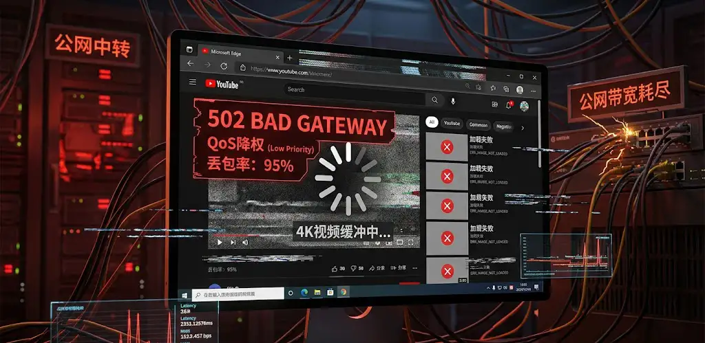 自如加速器 (Ziru Accelerator) 公网中转溃败示意图:对比展示了公网架构在 2026 拔线潮下的高丢包、502 报错、QoS 降权,以及 Edge 浏览器 4K 视频缓冲死循环。