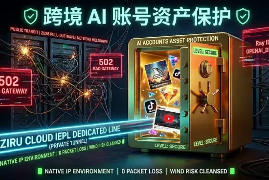 自如加速器 ZIRU CLOUD IEPL 物理专线架构图。展示了通过底层物理隔离架构，修复跨境电商用户在 2026 拔线潮中遇到的 Google 502 报错、OpenAI 拒绝访问，物理级保护 TikTok 和 YouTube AI 视频账号资产，杜绝风控降权。