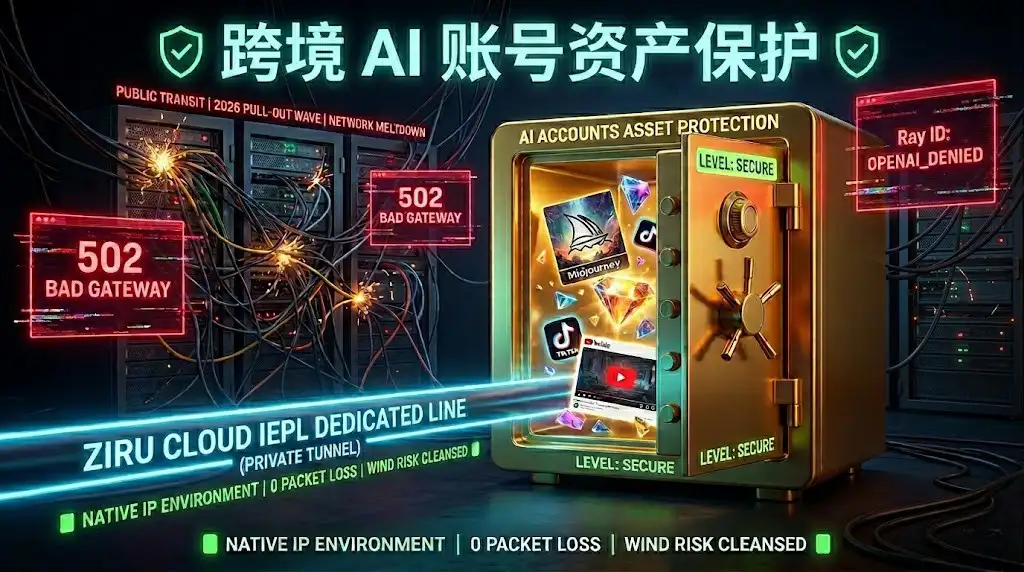 自如加速器 ZIRU CLOUD IEPL 物理专线架构图。展示了通过底层物理隔离架构,修复跨境电商用户在 2026 拔线潮中遇到的 Google 502 报错、OpenAI 拒绝访问,物理级保护 TikTok 和 YouTube AI 视频账号资产,杜绝风控降权。
