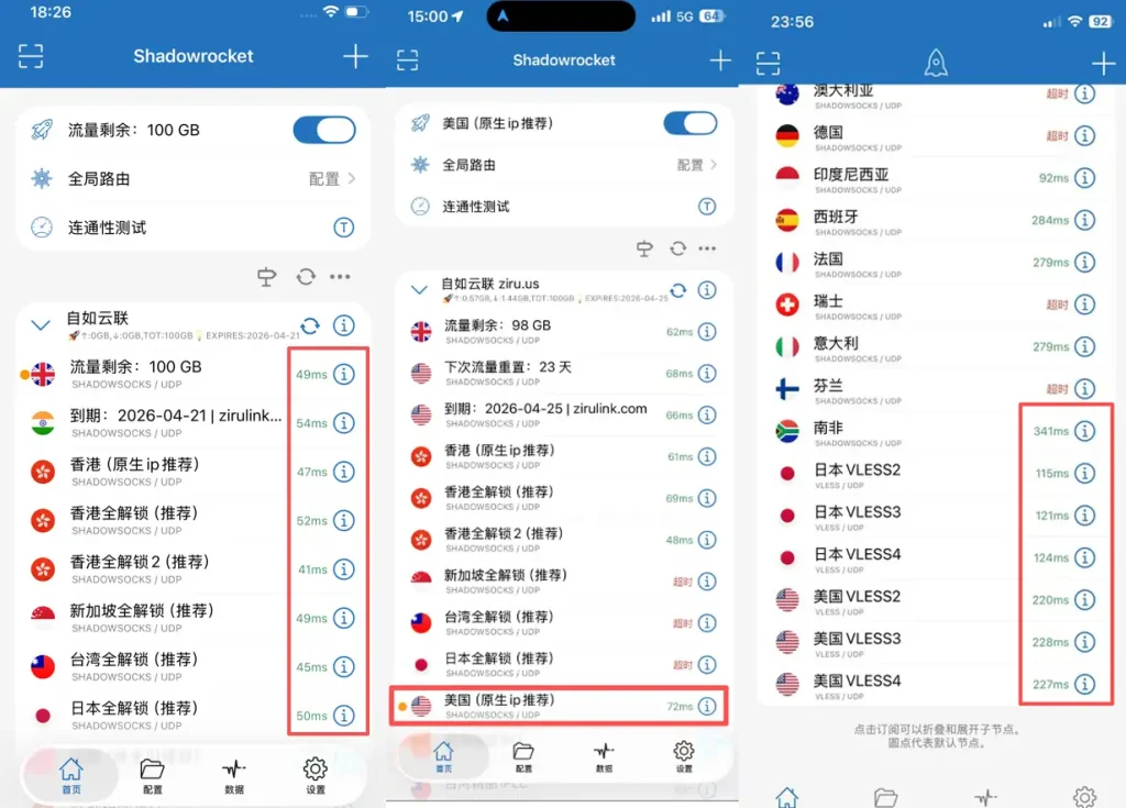 自如云联(ZiruCloud)客户端IEPL专线节点列表截图。画面清晰展示了香港、台湾、新加坡、日本、美国等全球节点全部呈现绿色低延迟状态,标注有“100%专线中转 | 0丢包 | 物理隔离”特权,这是跨境电商和AI创作者告别拔线潮、修复Google 502报错的可视化证据。