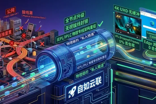 自如云联 (ZiruCloud) 物理级 IEPL/IPLC 专线重构示意图：对比展示了公网架构在 2026 拔线潮下的脆弱性，以及自如私人隧道如何实现 Edge 浏览器 0 丢包与 4K UHD 极速访问。