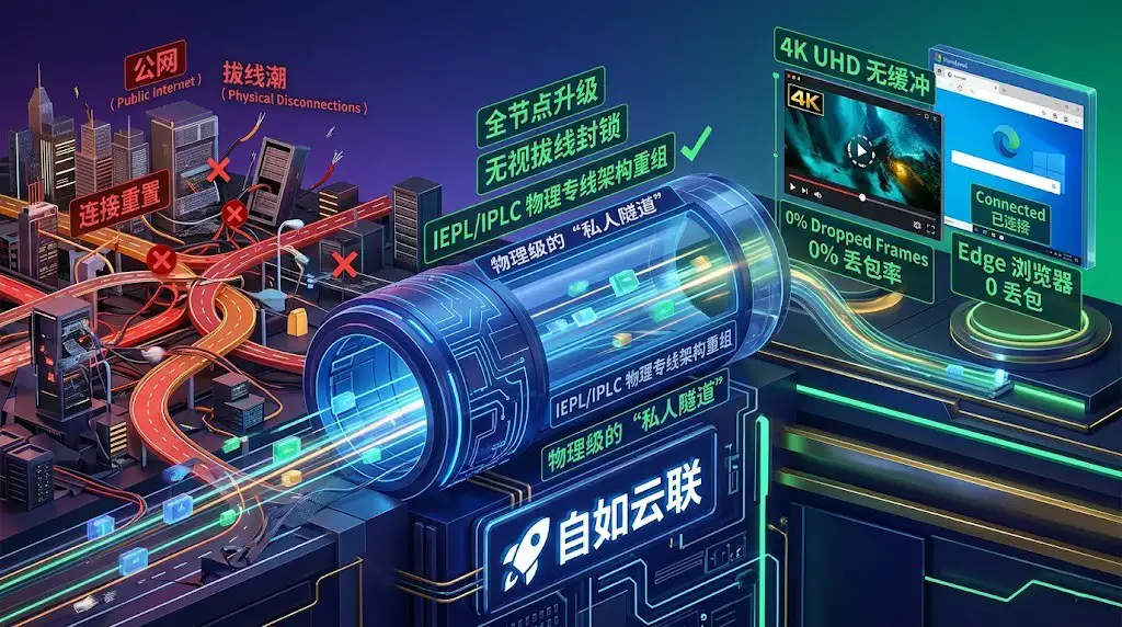 自如云联 (ZiruCloud) 物理级 IEPL/IPLC 专线重构示意图:对比展示了公网架构在 2026 拔线潮下的脆弱性,以及自如私人隧道如何实现 Edge 浏览器 0 丢包与 4K UHD 极速访问。