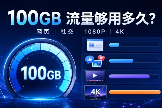 100GB梯子套餐流量使用时长对比图，展示网页浏览、社交媒体、1080P视频和4K视频的不同流量消耗