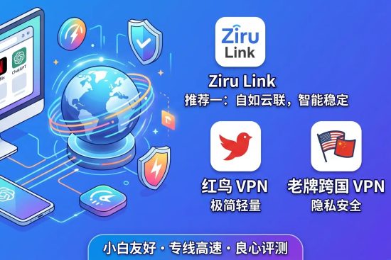 一幅现代化的数字插图，醒目地展示文章标题“专线高速VPN与翻墙加速器良心评测 (小白一键上网)”。图中通过直观的图标和设备演示，横向对比了五个不同品牌/类型：自如云联 (Ziru Link)、雷霆加速器 (Thunder Speed)、红鸟 VPN (RedBird)、老牌跨国 VPN 和廉价机场。整体风格清新现代，强调对小白用户的友好度。