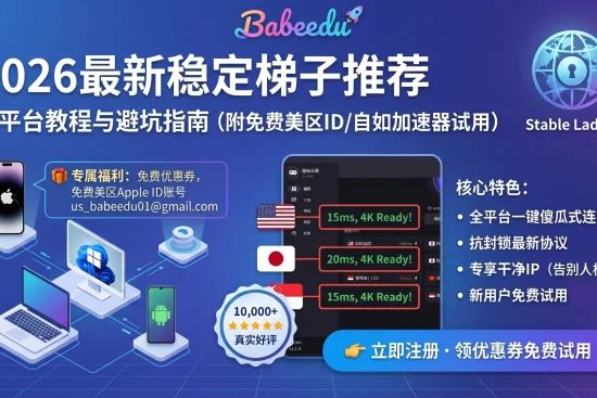 2026最新稳定梯子推荐全平台教程头图，包含自如加速器免费试用领优惠券福利，以及免费美区Apple ID共享账号。