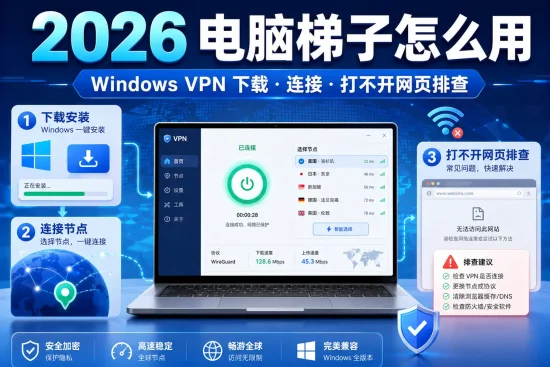 2026年电脑梯子怎么用特色图，包含Windows VPN下载、节点连接和网页打不开排查教程