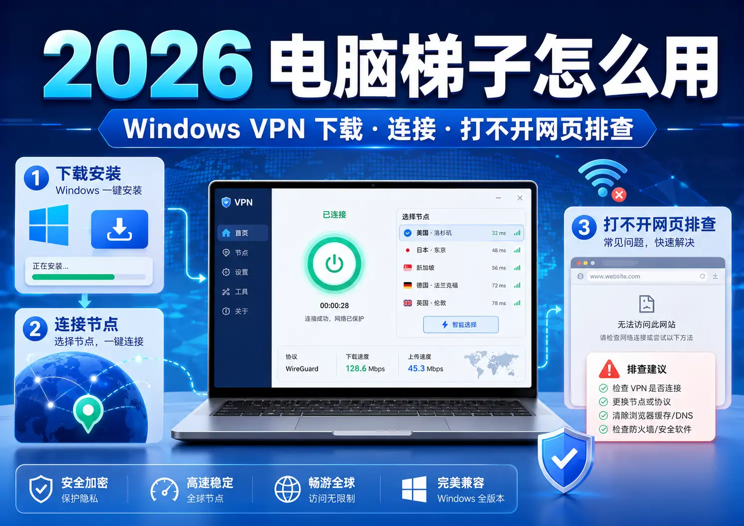 2026年电脑梯子怎么用特色图，包含Windows VPN下载、节点连接和网页打不开排查教程