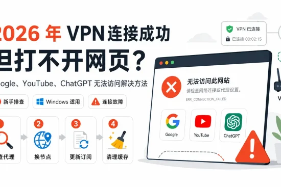 2026 年 VPN 连接成功但打不开网页的排查教程，展示 Google、YouTube、ChatGPT 无法访问时检查代理、切换节点、更新订阅和清理缓存的解决方法。