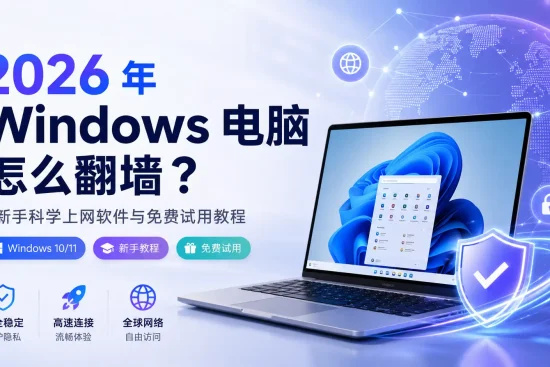 2026 年 Windows 电脑翻墙教程特色图，展示 Windows 电脑科学上网、新手教程、免费试用和稳定连接主题。