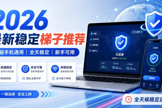 2026 最新稳定梯子推荐特色图，展示电脑、手机通用的稳定 VPN 翻墙软件选择清单，突出高速、稳定、全天在线、多设备可用等特点。
