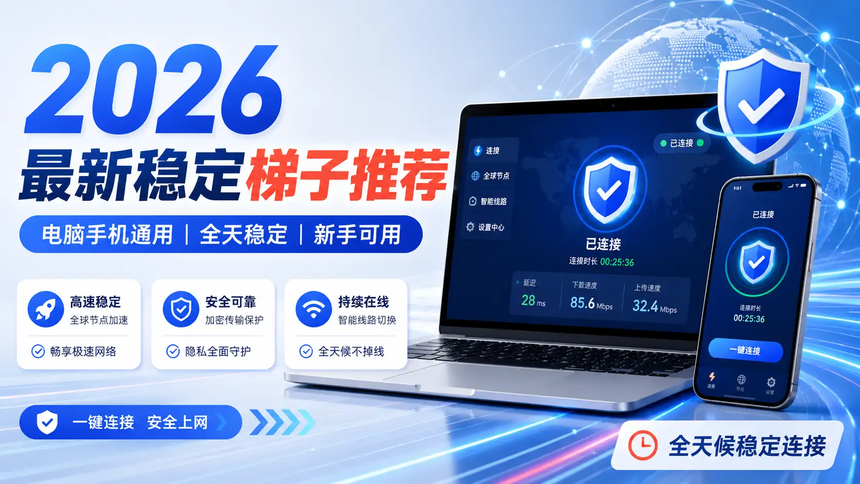 2026 最新稳定梯子推荐特色图，展示电脑、手机通用的稳定 VPN 翻墙软件选择清单，突出高速、稳定、全天在线、多设备可用等特点。