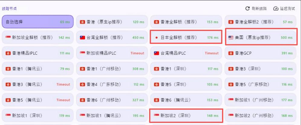 自如云联客户端节点延迟测试截图,展示多个地区线路延迟低但不同节点速度表现不一致