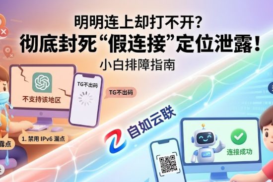 自如云联技术排障指南：左侧展示因 IPv6 地址泄露导致的 ChatGPT 地区不支持和 Telegram 无法加载二维码，右侧展示封死定位泄露后连接成功的对比图
