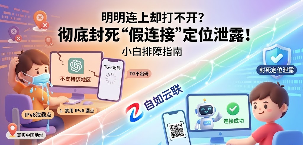 自如云联技术排障指南:左侧展示因 IPv6 地址泄露导致的 ChatGPT 地区不支持和 Telegram 无法加载二维码,右侧展示封死定位泄露后连接成功的对比图