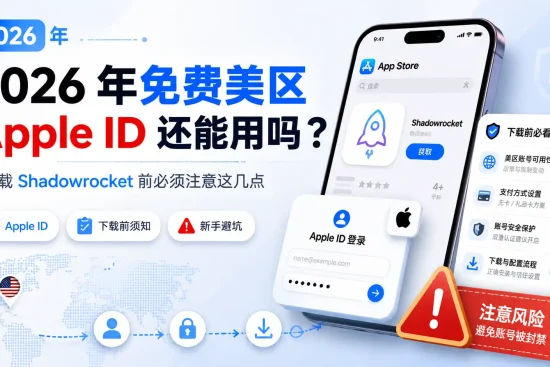 2026 年免费美区 Apple ID 下载 Shadowrocket 前的注意事项示意图，展示 App Store 登录、小火箭下载、账号安全提醒和新手避坑清单。
