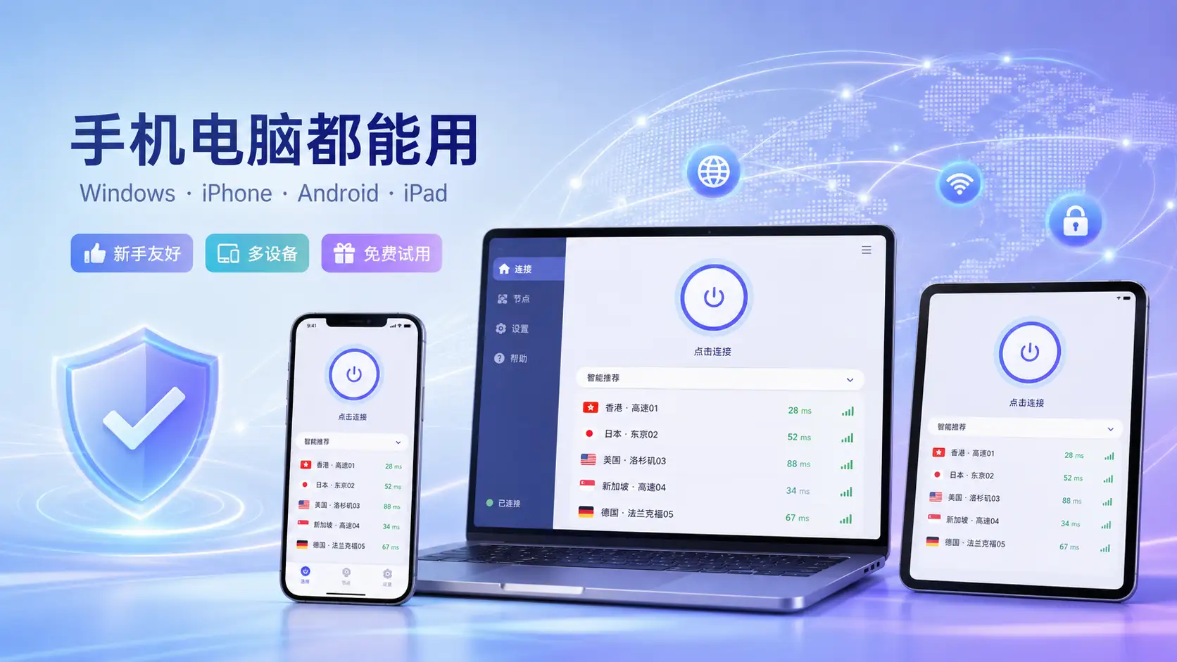 免费梯子不稳定时可先试用稳定线路的示意图,展示 Windows、iPhone、Android、iPad 多设备使用,以及新手友好、免费试用和稳定连接功能。