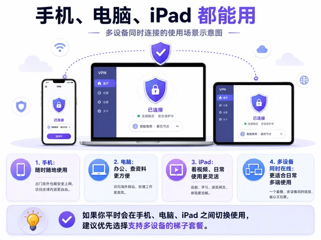 手机电脑iPad都能用的梯子套餐怎么选，多设备同时连接使用场景示意图